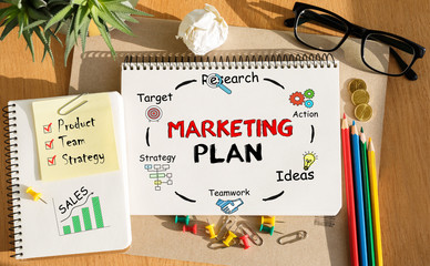 Poster - notebook with toolls and notes about marketing plan