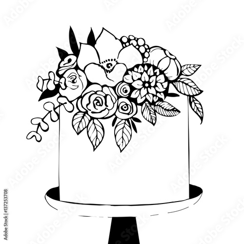 Hand drawn cake with flowers. Vector illustration. Buy this stock