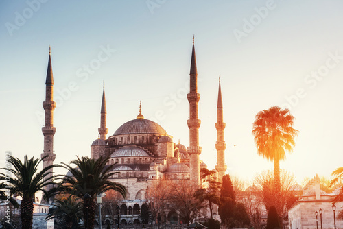 Cuadros en Lienzo Illuminated Sultan Ahmed Mosque before sunrise