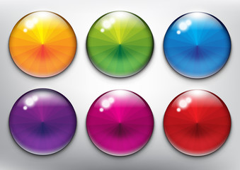 Wall Mural - Abstract vector web buttons set of 6. Isolated with realistic, transparent glass shine and shadow on the light background. Vector illustration. Eps10.
