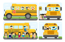 School Bus Kids Transport Vector Illustration.