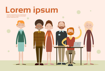 Poster - Business Man Sitting Desk Work Laptop Computer People Group Flat Vector Illustration