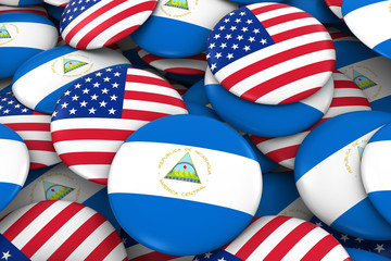 Wall Mural - USA and Nicaragua Badges Background - Pile of American and Nicaraguan Flag Buttons 3D Illustration