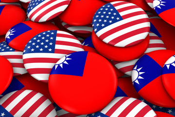 Wall Mural - USA and Taiwan Badges Background - Pile of American and Taiwanese Flag Buttons 3D Illustration