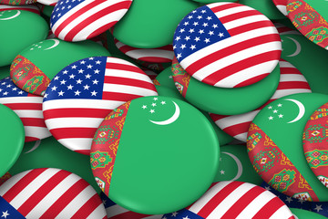 Wall Mural - USA and Turkmenistan Badges Background - Pile of American and Turkmen Flag Buttons 3D Illustration