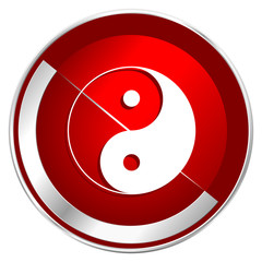 Poster - Ying yang red web icon. Metal shine silver chrome border round button isolated on white background. Circle modern design abstract sign for smartphone applications.