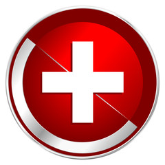 Poster - Plus red web icon. Metal shine silver chrome border round button isolated on white background. Circle modern design abstract sign for smartphone applications.