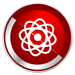 Aufkleber - Atom red web icon. Metal shine silver chrome border round button isolated on white background. Circle modern design abstract sign for smartphone applications.