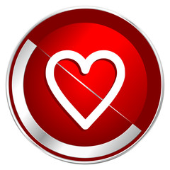 Poster - Heart red web icon. Metal shine silver chrome border round button isolated on white background. Circle modern design abstract sign for smartphone applications.