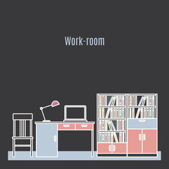 Poster - Work room interior design in line art style. Vector illustration