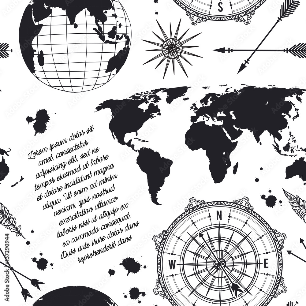 Seamless pattern with vintage globe, compass, world map and wind rose ...