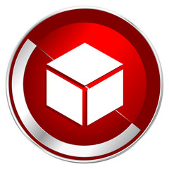Poster - Box red web icon. Metal shine silver chrome border round button isolated on white background. Circle modern design abstract sign for smartphone applications.