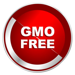 Poster - Gmo free red web icon. Metal shine silver chrome border round button isolated on white background. Circle modern design abstract sign for smartphone applications.