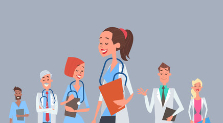 Wall Mural - Group Medial Doctors Team Clinics Hospital Flat Vector Illustration