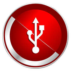 Poster - Usb red web icon. Metal shine silver chrome border round button isolated on white background. Circle modern design abstract sign for smartphone applications.