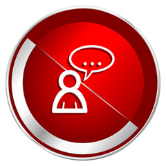 Poster - Forum red web icon. Metal shine silver chrome border round button isolated on white background. Circle modern design abstract sign for smartphone applications.