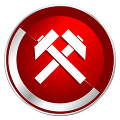 Poster - Mining red web icon. Metal shine silver chrome border round button isolated on white background. Circle modern design abstract sign for smartphone applications.