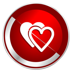 Poster - Love red web icon. Metal shine silver chrome border round button isolated on white background. Circle modern design abstract sign for smartphone applications.