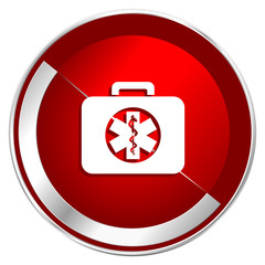 Fototapete - Rescue kit red web icon. Metal shine silver chrome border round button isolated on white background. Circle modern design abstract sign for smartphone applications.