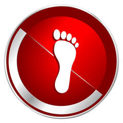 Poster - Foot red web icon. Metal shine silver chrome border round button isolated on white background. Circle modern design abstract sign for smartphone applications.