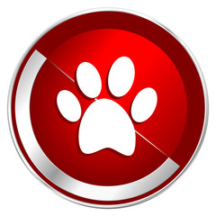 Poster - Foot red web icon. Metal shine silver chrome border round button isolated on white background. Circle modern design abstract sign for smartphone applications.