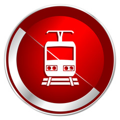 Poster - Train red web icon. Metal shine silver chrome border round button isolated on white background. Circle modern design abstract sign for smartphone applications.