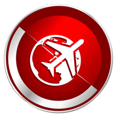 Poster - Travel red web icon. Metal shine silver chrome border round button isolated on white background. Circle modern design abstract sign for smartphone applications.