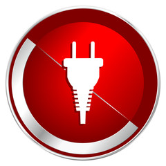 Poster - Plug red web icon. Metal shine silver chrome border round button isolated on white background. Circle modern design abstract sign for smartphone applications.