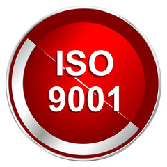Aufkleber - Iso 9001 red web icon. Metal shine silver chrome border round button isolated on white background. Circle modern design abstract sign for smartphone applications.