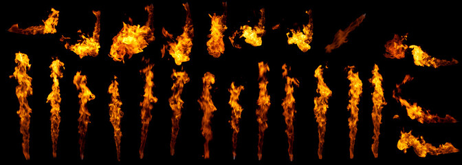 Fire flames design elements isolated on black