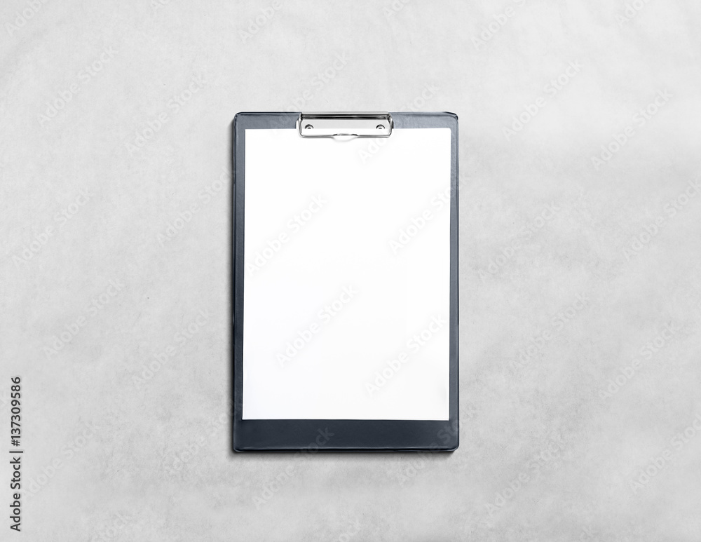 Blank black clipboard with white pages mockup, isolated in textured ...