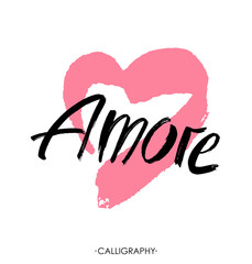 Wall Mural - Amore - hand drawn lettering word with pink heart. Vector art. Valentines Day Calligraphy Greeting Card.