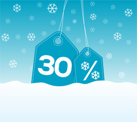 Wall Mural - Blue hanging price tag labels with 30% and snowflake percent design texts on them on snow background. For winter sale campaigns.