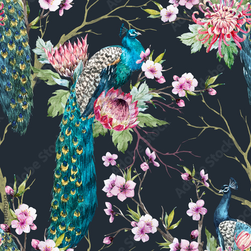 Cotton fabric Watercolor peacock pattern