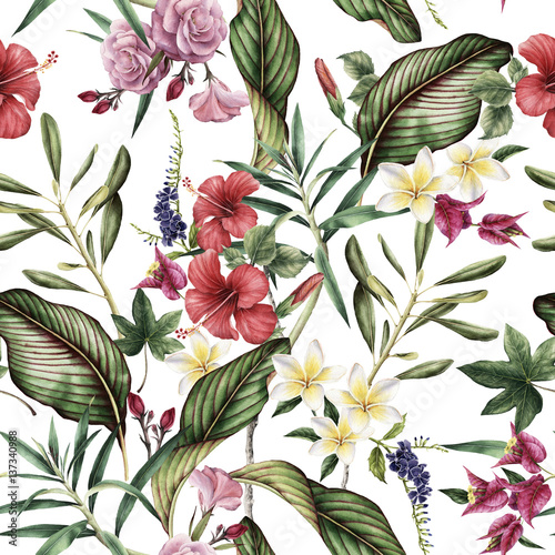 Naklejka na szybę Seamless tropical flower pattern, watercolor.