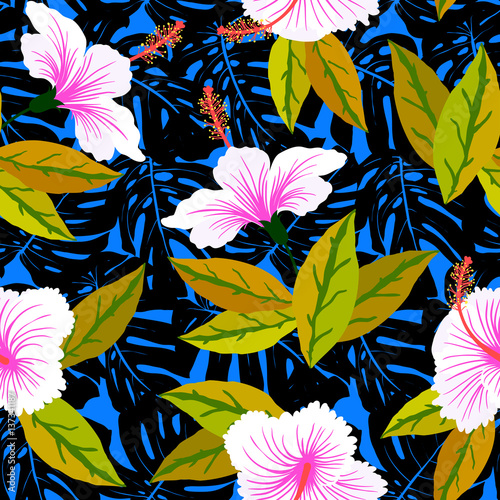 Dekoracja na wymiar  tropikalny-wzor-z-kwiatami-hibiskusa