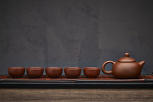  Traditional Tea Ceremony Accessories, Teapot And Teacup With Wooden Background