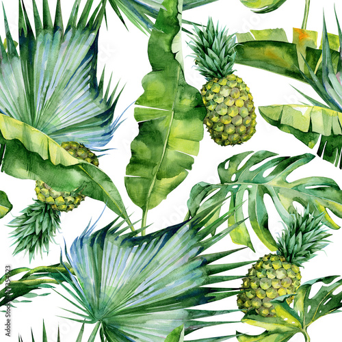 powielona-akwarela-ilustracja-w-tropikalne-liscie-i-ananasy-zwarta-dzungla-wzor-z-motywem-letnich-tropikow