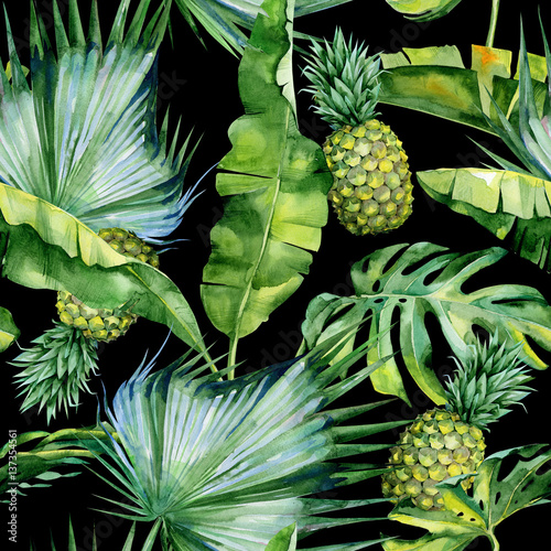 Fototapeta Seamless watercolor illustration of tropical leaves and pineapple, dense jungle Pattern with tropic summertime motif may be used as background texture, wrapping paper, textile,wallpaper design