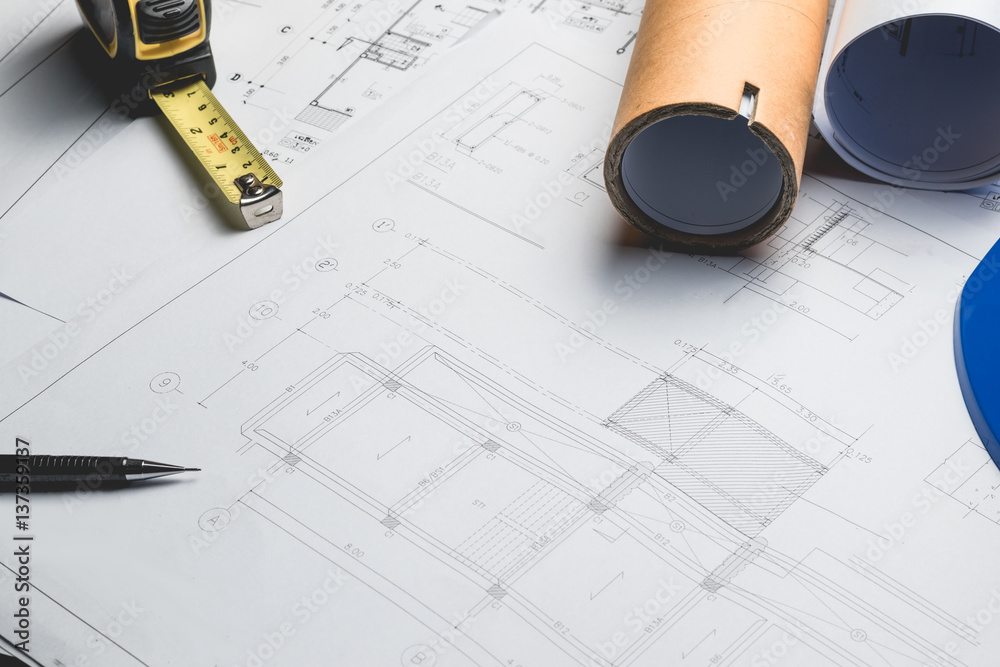 engineering diagram blueprint paper drafting project sketch Stock Photo ...