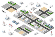 Isometric 3D City Urban Factory Set Which Includes Buildings, Power Plant, Heating Gas, Warehouse, Elevator Exterior. Flat Map Isolated Infographic Element Set Industrial Structures