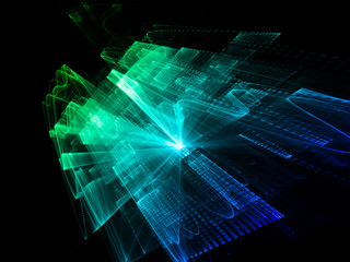 Poster - Abstract background element. Three-dimensional composition of wave shapes, grids and beams. Media information concept. Blue and black colors.