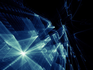 Poster - Abstract background element. Three-dimensional composition of wave shapes, grids and beams. Electronics and media concept. Blue and black colors.