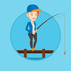 Canvas Print - Woman fishing on jetty vector illustration.