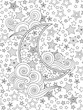 Contour image of moon crescent clouds, stars on the sky in zentangle inspired doodle style isolated on white.