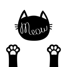 Black Cat Head. Meow Lettering Contour Text. Two Paw Print Leg Foot. Cute Cartoon Character Silhouette. Kawaii Animal. Baby Pet Collection. Sign Symbol. Flat Design Style. White Background. Isolated.