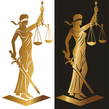 Lady Justice Gold/ Justice Goddess Themis, Lady Justice Femida. Stylized Contour Vector. Blind Woman Holding Scales And Sword.  