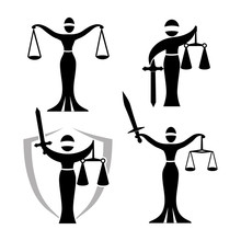 Lady Justice Black Set/ Vector Illustration Of Themis Statue Holding Scales Balance And Sword Isolated On White Background. Symbol Of Justice, Law And Order.