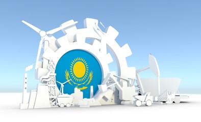 Energy and Power icons set with Kazakhstan flag. Sustainable energy generation and heavy industry. 3D rendering.