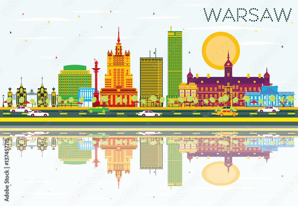 Warsaw Skyline with Color Buildings, Blue Sky and Reflections. - obrazy, fototapety, plakaty 